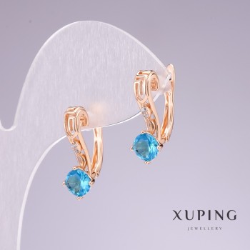 Brincos Xuping banhados a ouro 18k com pedra azul-clara e strass brancos 20x8mm