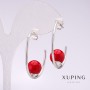 Brincos Xuping argola com pérola vermelha Maiorca 33x10mm ródio