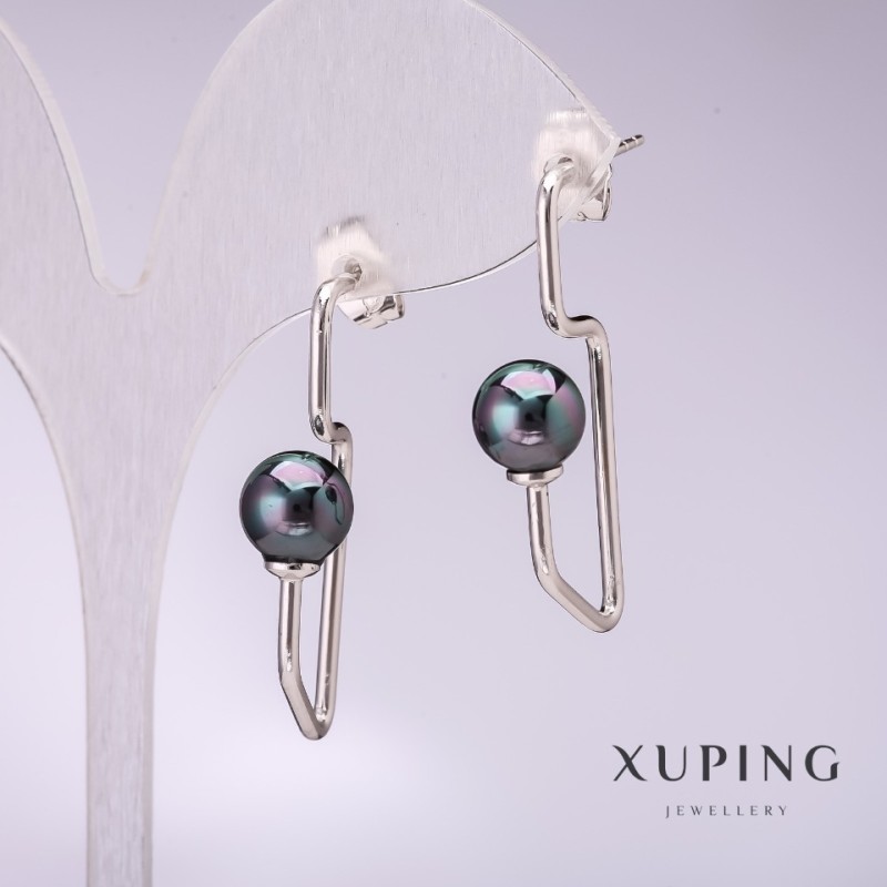 Brincos Xuping com pérolas pretas Majorica 34x8mm ródio