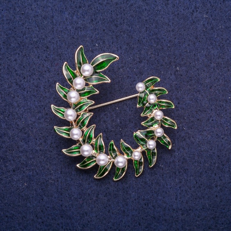Saldos! Broche Grinalda de Folhas com contas, metal dourado 38x43mm