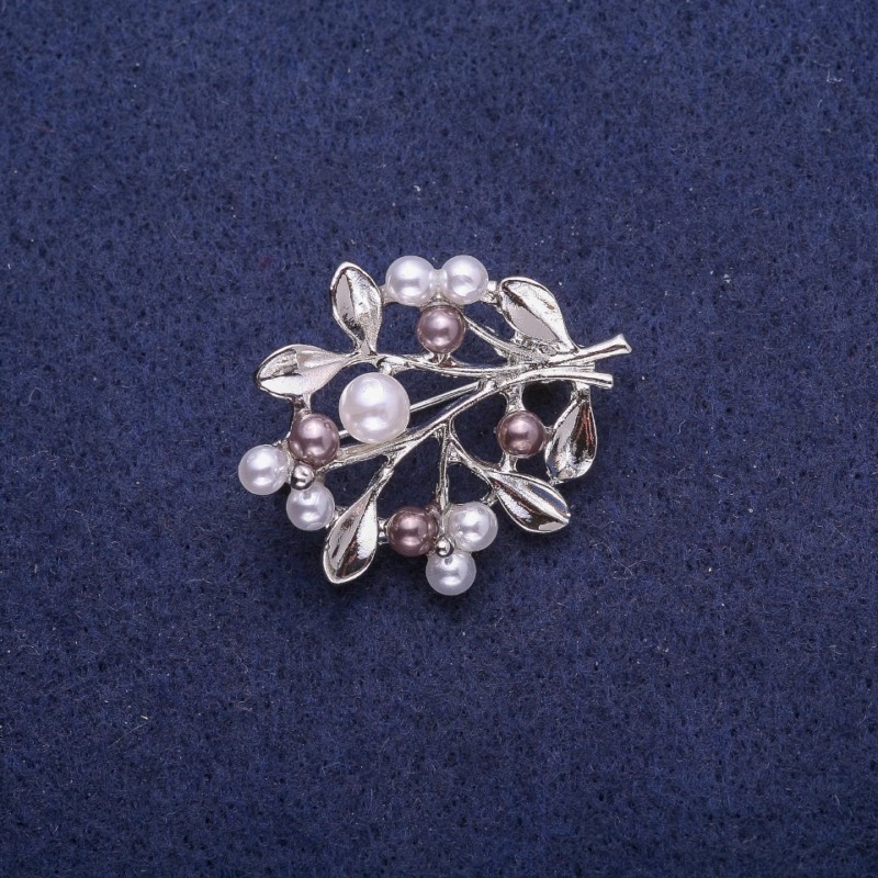 Saldos! Broche Raminho com pérolas, metal prateado 28x35mm