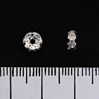 Acessório separador rondel com strass brancos, cor do metal prata, 5 mm, 100 un/emb