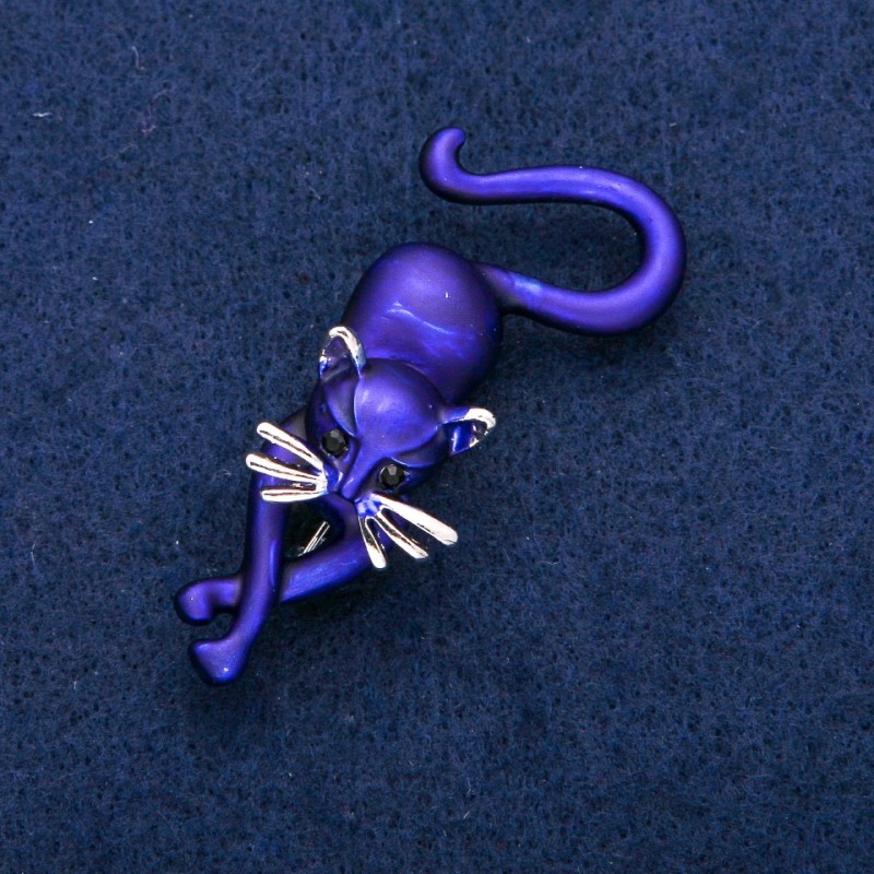 Broche Gatinho esmalte azul, metal prateado 25x55mm