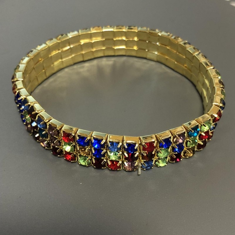 Pulseira elástica com strass, metal dourado, strass multicoloridos