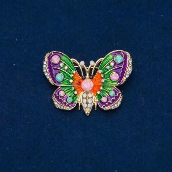 Broche 'Mariposa' de metal dourado, esmalte, strass rosa, verde e branco 44×30mm +