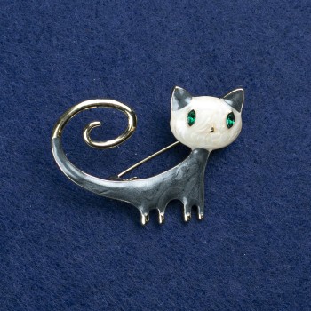Broche em forma de Gatinha - metal dourado com esmalte e strass, 44x32mm +