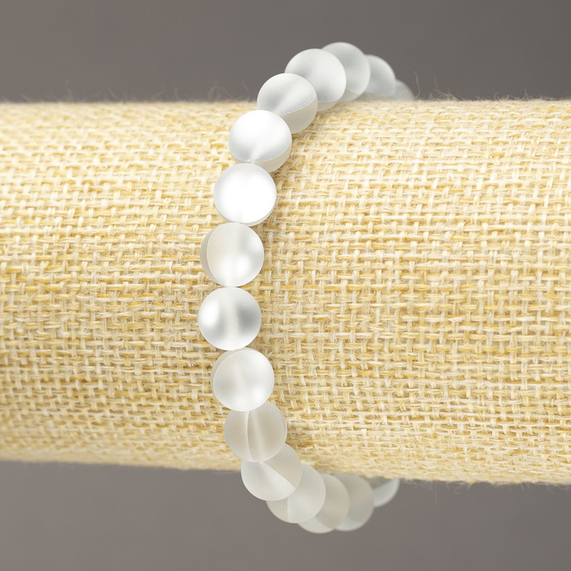 Pulseira elástica de vidro opalino contas lisas brancas mate 8mm