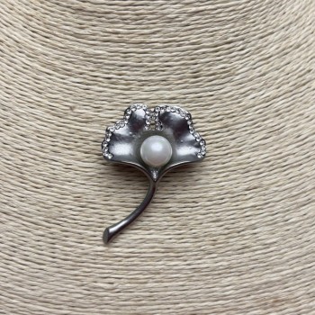  broche Floral prata metal, Maiorka e strass 45x32mm +