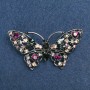 Broche de borboleta com strass multicoloridos, metal prateado 70x39