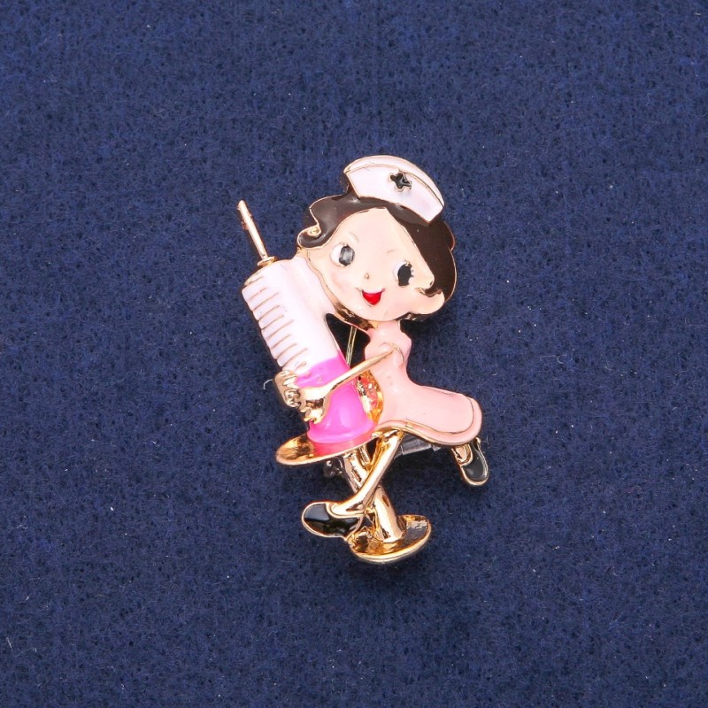 Broche Enfermeira com esmalte multicolor e metal dourado 27x44mm