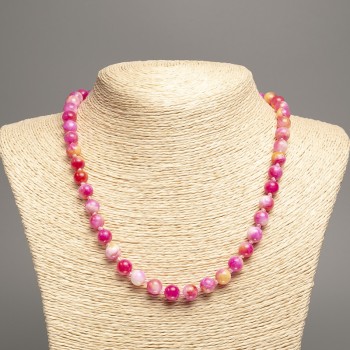  Colar de contas coloridas do verão de jade artificialmente colorido branco, rosa e ruivo, bolas lisas, diâmetro 8 mm, comprimento 50 cm, feito de jade branco (artificialmente colorido)